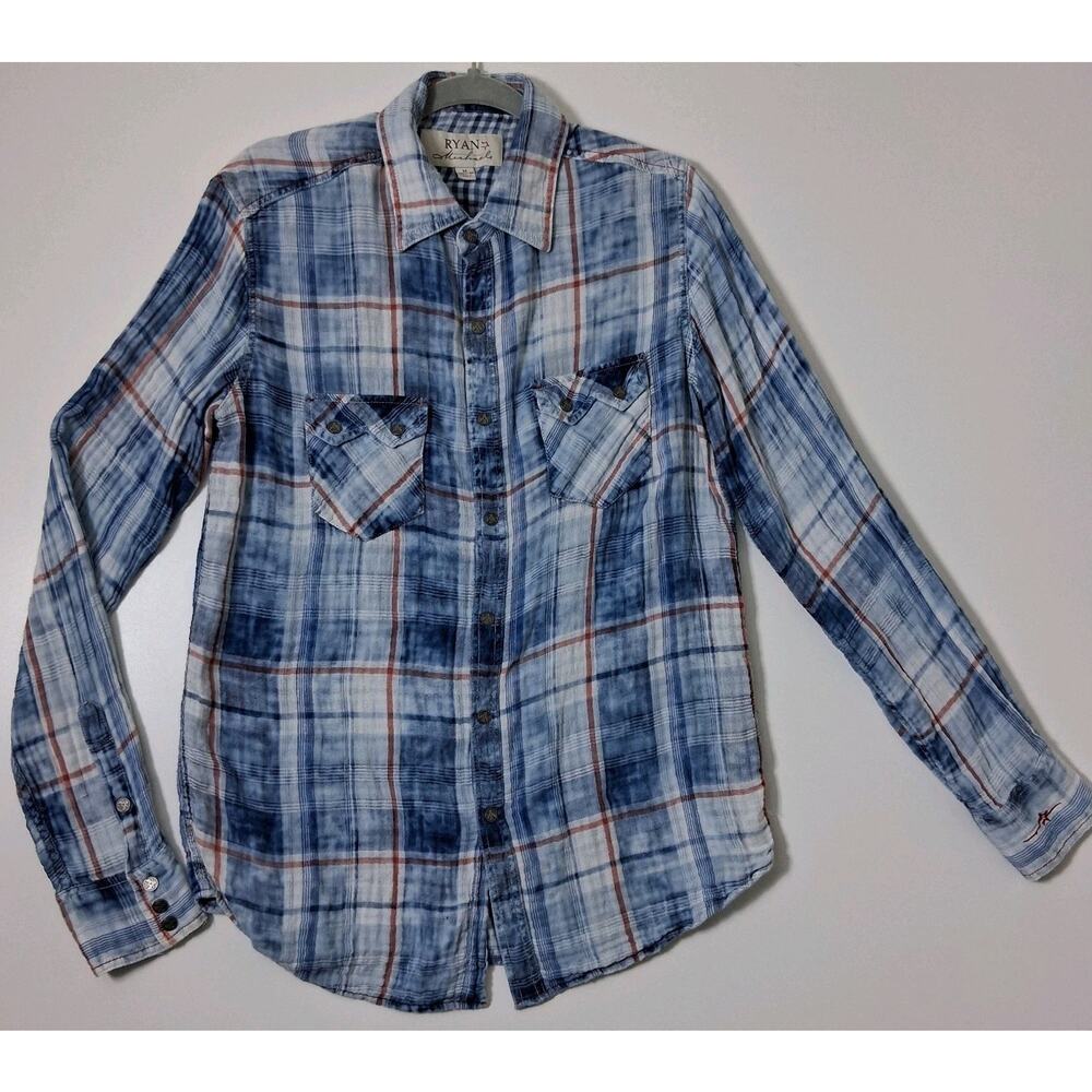 Ryan Michael Shirt Men's Blue Snap Up Size M Blue Plaid Long Sleeve 100% Cotton
